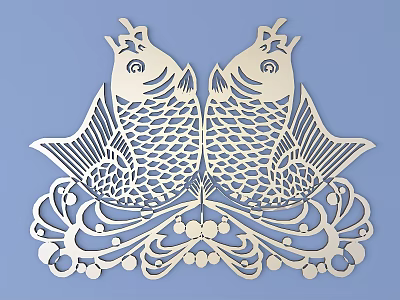 Intricate Carved Fish Art With Symmetrical Twin Fish And Decorative Patterns 3d model