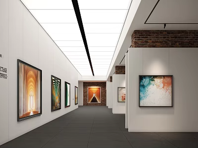 Contemporary Art Exhibition Hall Interior With Framed Paintings White Walls And Ceiling Lighting 3d model
