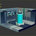 Cartoon Scene of Tech Room With Blue Cylindrical Device Control Panels and R 25 Label