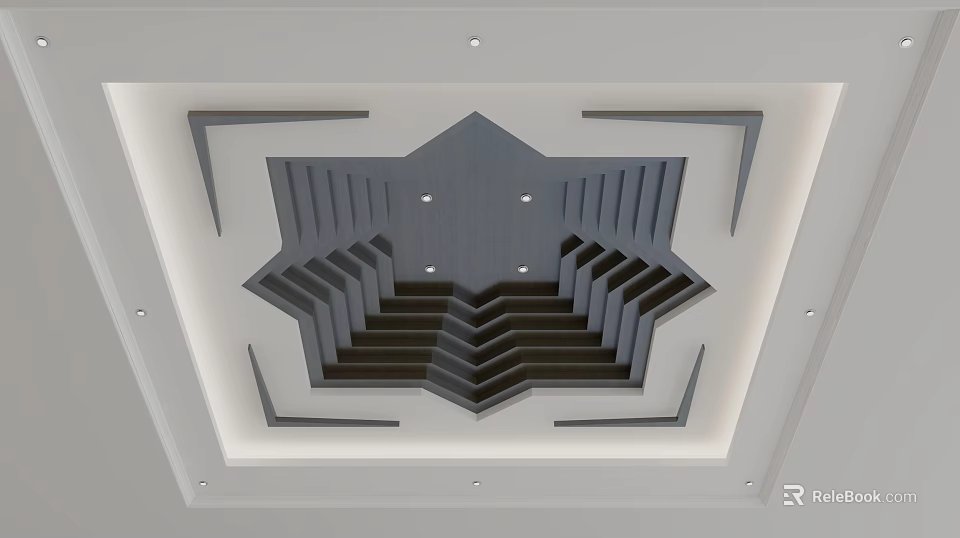 Modern Geometric Ceiling Design With Layered Patterns Recessed Lights And Decorative Lines 3d model