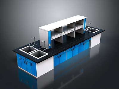 Food Preparation Kitchen Counter With Blue Cabinets Black Top Sink And Upper Shelves 3d model