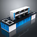 Food Preparation Kitchen Counter With Blue Cabinets Black Top Sink And Upper Shelves