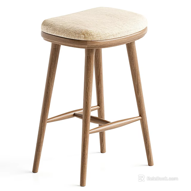 Modern Wooden Bar Stool with Upholstered Beige Seat and Cross Support Legs Design 3d model 