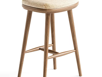 Modern Wooden Bar Stool with Upholstered Beige Seat and Cross Support Legs Design 3d model