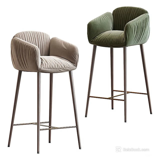 Modern Velvet Bar Stools In Light Gray And Green With Armrests And Metal Legs 3d model 