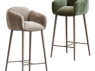 Modern Velvet Bar Stools In Light Gray And Green With Armrests And Metal Legs 3d model
