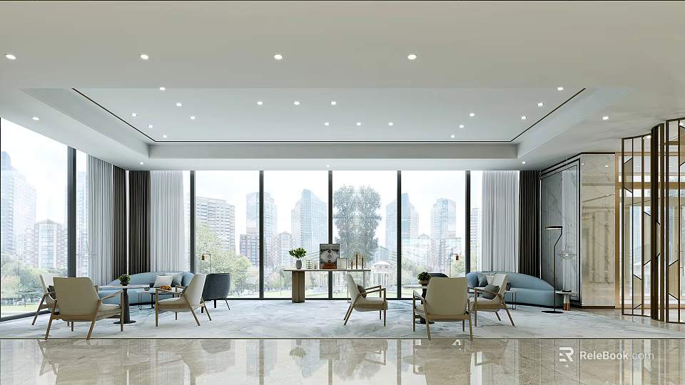 Modern Lounge Area Interior Design With Sofa Chairs Large Windows And City View 3d model 