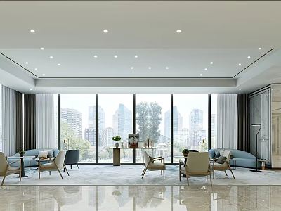 Modern Lounge Area Interior Design With Sofa Chairs Large Windows And City View 3d model