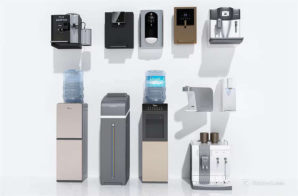 Various Modern Household Electrical Appliances Featuring Standing And Desktop Water Dispensers 3d model 