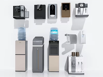 Various Modern Household Electrical Appliances Featuring Standing And Desktop Water Dispensers 3d model