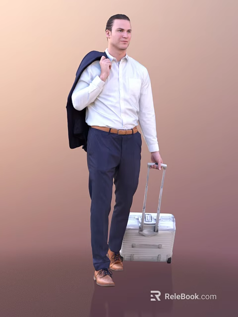 Man In White Shirt With Brown Belt And Suit Jacket Over Shoulder Pulling Silver Suitcase 3d model 