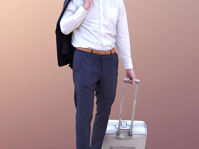 Man In White Shirt With Brown Belt And Suit Jacket Over Shoulder Pulling Silver Suitcase 3d model