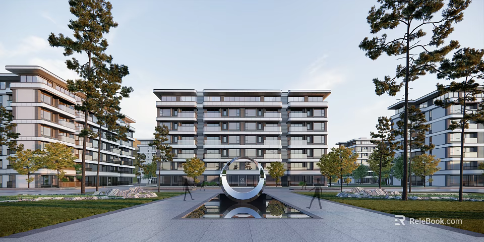 Modern Multi story Residential Building Facade Design With Circular Sculpture And Landscaped Trees 3d model 