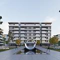 Modern Multi story Residential Building Facade Design With Circular Sculpture And Landscaped Trees