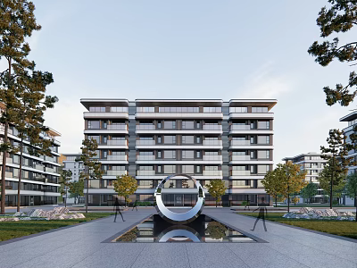 Modern Multi story Residential Building Facade Design With Circular Sculpture And Landscaped Trees 3d model