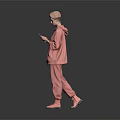 Woman In Pink Hoodie And Pants Holding Phone Against Gray Background With Black Floor Reflection
