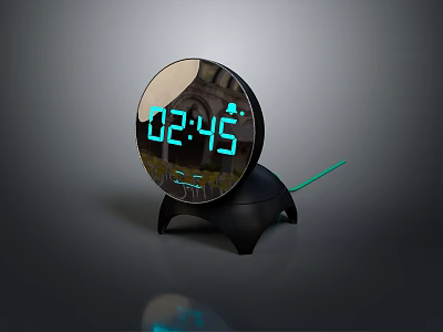 Modern Digital Clock with Round Screen Digital Time Display and Temperature Readout on Black Stand 3d model
