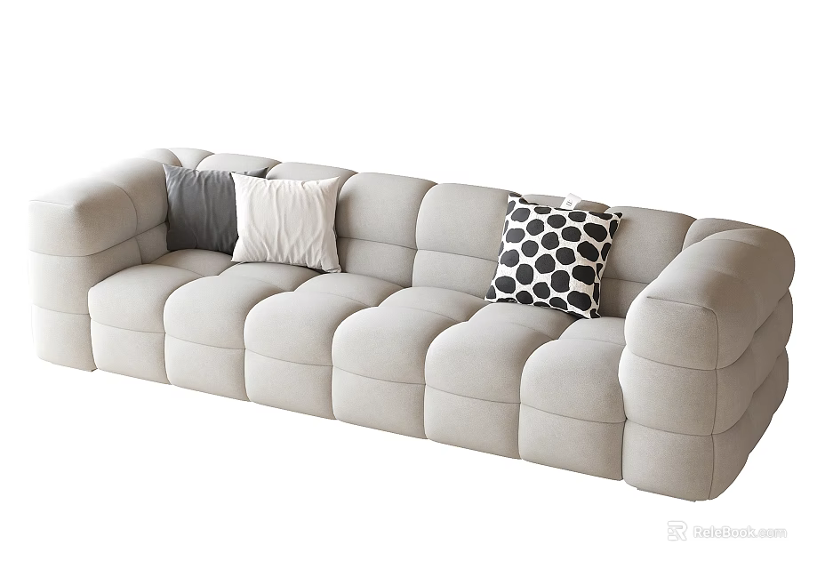 Beige Sectional Sofa with Plush Cushions and Gray White Black Polka Dot Pillows 3d model 