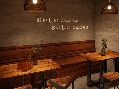 Cozy Bar Interior With Wooden Bench Seating Tables Woven Pendant Lights Potted Plants And Drinks 3d model