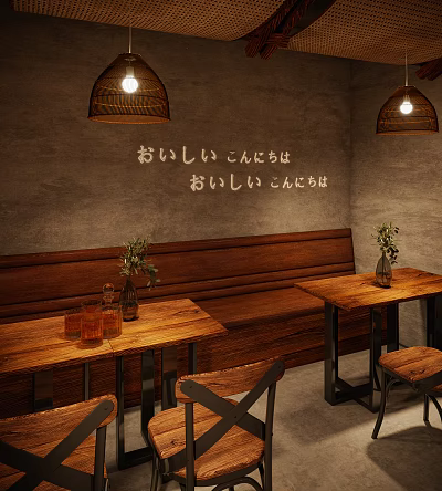 Cozy Bar Interior With Wooden Bench Seating Tables Woven Pendant Lights Potted Plants And Drinks 3d model