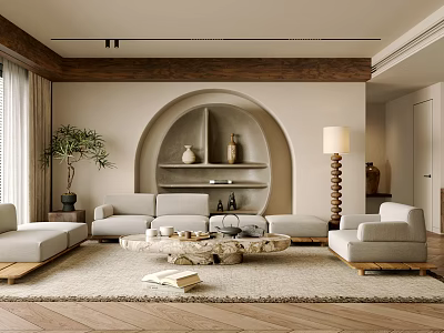 Modern Living Room Interior With Beige Sofa Round Arch Bookshelf And Green Plant 3d model