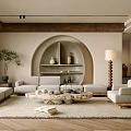 Modern Living Room Interior With Beige Sofa Round Arch Bookshelf And Green Plant