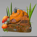 Orange Mushroom Shaped House With Green Grass Decorative Mushrooms Fence Stones And Hanging String Lights