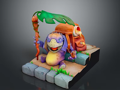 Purple Creature Character Sitting On Stone Slabs With Green Leaf Grass And Backpack Hut 3d model