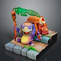 Purple Creature Character Sitting On Stone Slabs With Green Leaf Grass And Backpack Hut