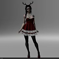 Elegant Woman in Red Dress with White Lace Trim Wearing Necklace Against Black Background