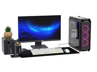 Gaming Computer Setup with Monitor RGB PC Case Keyboard Mouse and Lighting 3d model