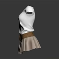 White Short Sleeve T Shirt With Brown Belt And Light Brown Pleated Skirt