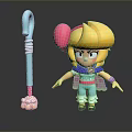 Cartoon Blonde Girl Character In Blue Outfit With Pink Hair Accessory And Small Fluffy Creature