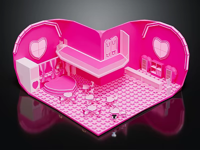 Playful Pink Heart Shaped Cartoon Room Interior With Sofa Tables And Chairs 3d model