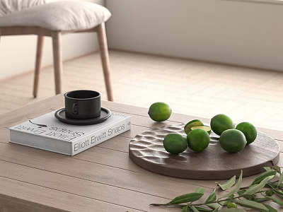 Fresh Green Limes On Wooden Tray With Black Cup Book And Olive Branch On Table 3d model