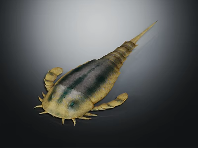 Detailed Ancient Aquatic Arthropod Featuring Segmented Body Yellow Black Coloration And Long Tail Spine 3d model