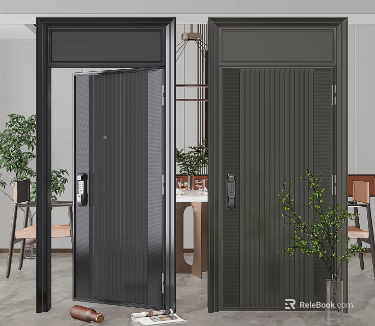 Stylish Modern Black Security Door Design With Vertical Lines In Indoor Room Setting 3d model 