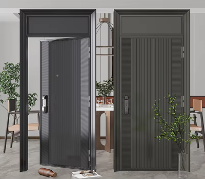 Stylish Modern Black Security Door Design With Vertical Lines In Indoor Room Setting 3d model