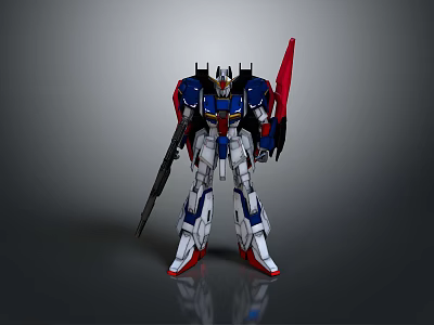 Blue White Red Winged Robot Standing With Weapon In Detailed Sci Fi Design 3d model