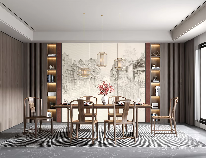 Traditional Chinese Restaurant Interior With Wooden Dining Table Chairs Landscape Painting And Pendant Lights 3d model 