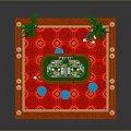 Casino Poker Table And Blue Chairs In Setting With Red Carpet And Decorative Plants