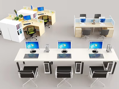 Modern Office Desk Layout With Multiple Workstations Computers Chairs And Drawers 3d model
