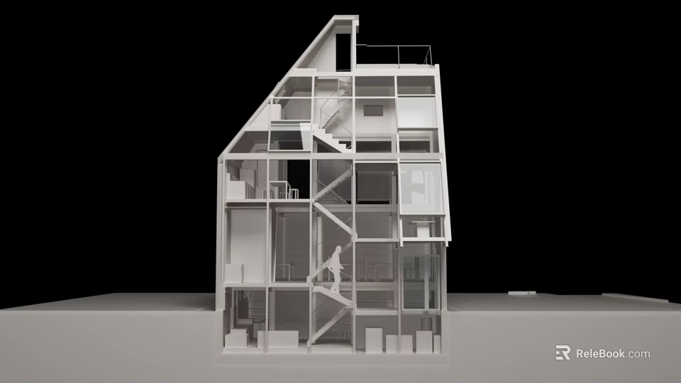 Modern White Architectural Model With Unique Multi Level Design And Open Staircase 3d model 
