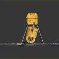 Vintage Yellow Robot With Suitcase Head Metal Body Mechanical Arms Legs On Gray Square Tiles