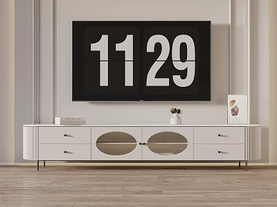 Modern White TV Stand With Drawers Circular Grille Doors Metal Legs And Decorative Items 3d model
