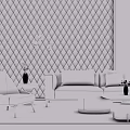Elegant Light Gray Sofa Coffee Table Set With Pink White Cushions And Geometric Wallpaper