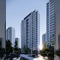 Modern High Rise Residential Buildings With Glass Windows And White Sculptural Trees