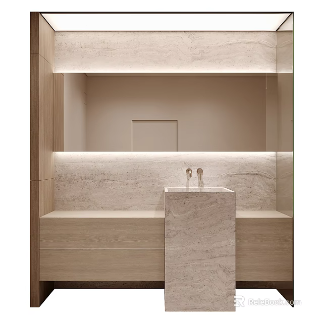 Modern Bathroom Vanity With Marble Countertop Storage Drawers And Backlit Wall Mirror 3d model 