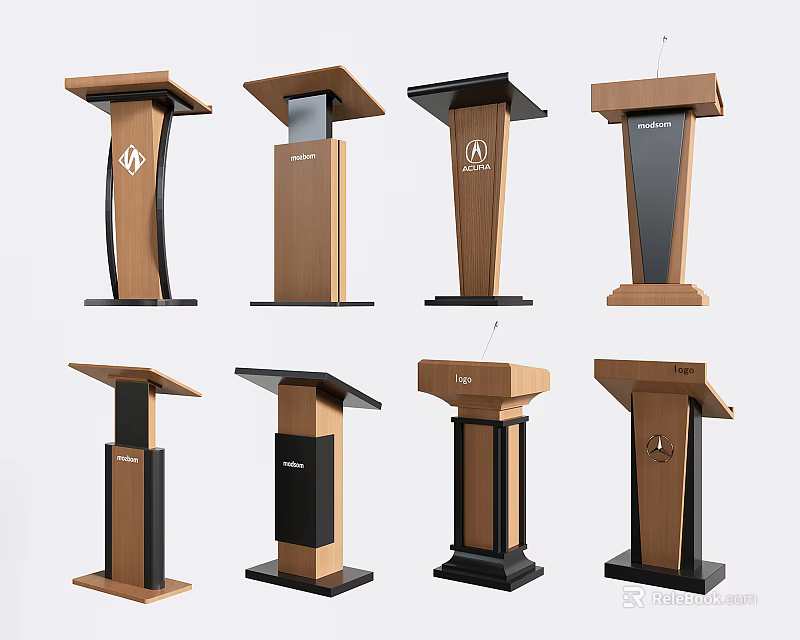Various Designed Podiums With Wooden And Black Finishes And Brand Logos 3d model 