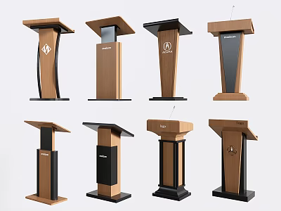 Various Designed Podiums With Wooden And Black Finishes And Brand Logos 3d model